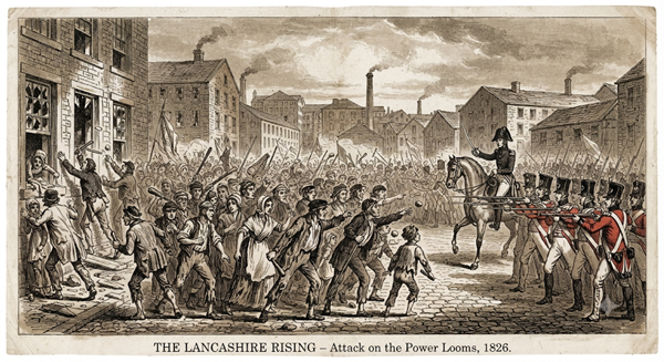 drawing of rioters throwing stones at a line of redcoated soldiers.